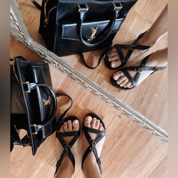Saint Laurent Black Strappy YSL logo flat sandals black silver 37 + box - Picture 3 of 16
